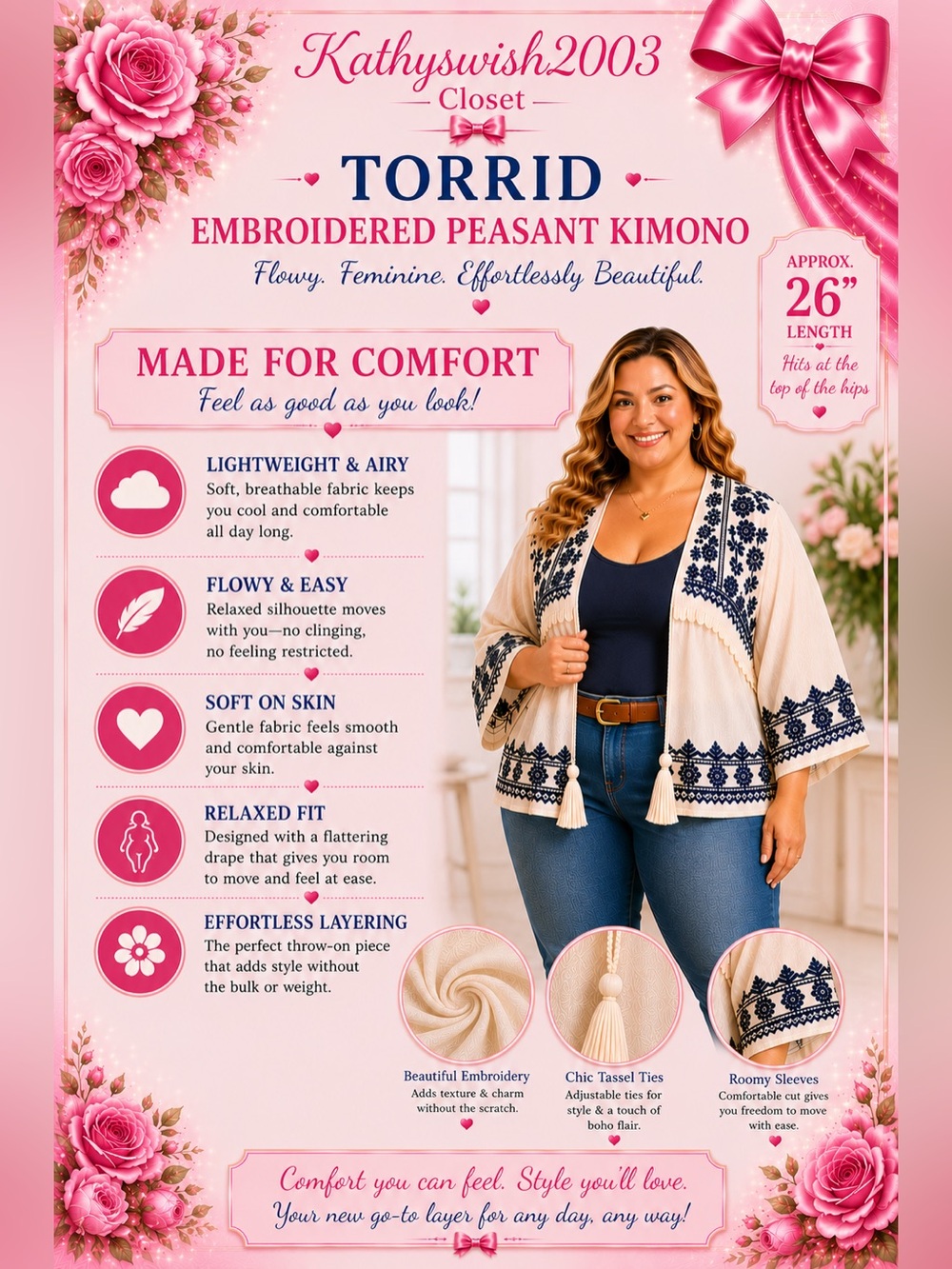torrid White Peasant Kimono with Navy Embroidery - Picture 8 of 16